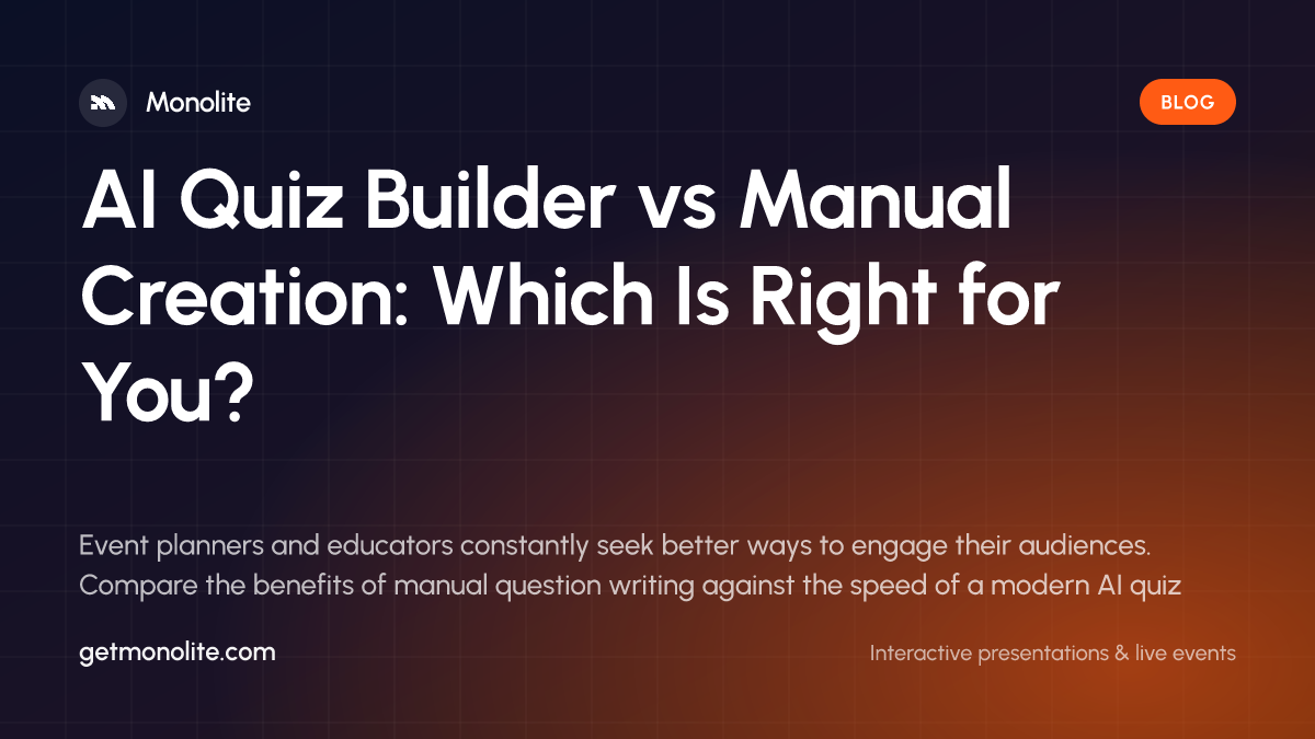 A split screen graphic showing an AI quiz builder interface on one side and a person manually typing questions on the other.