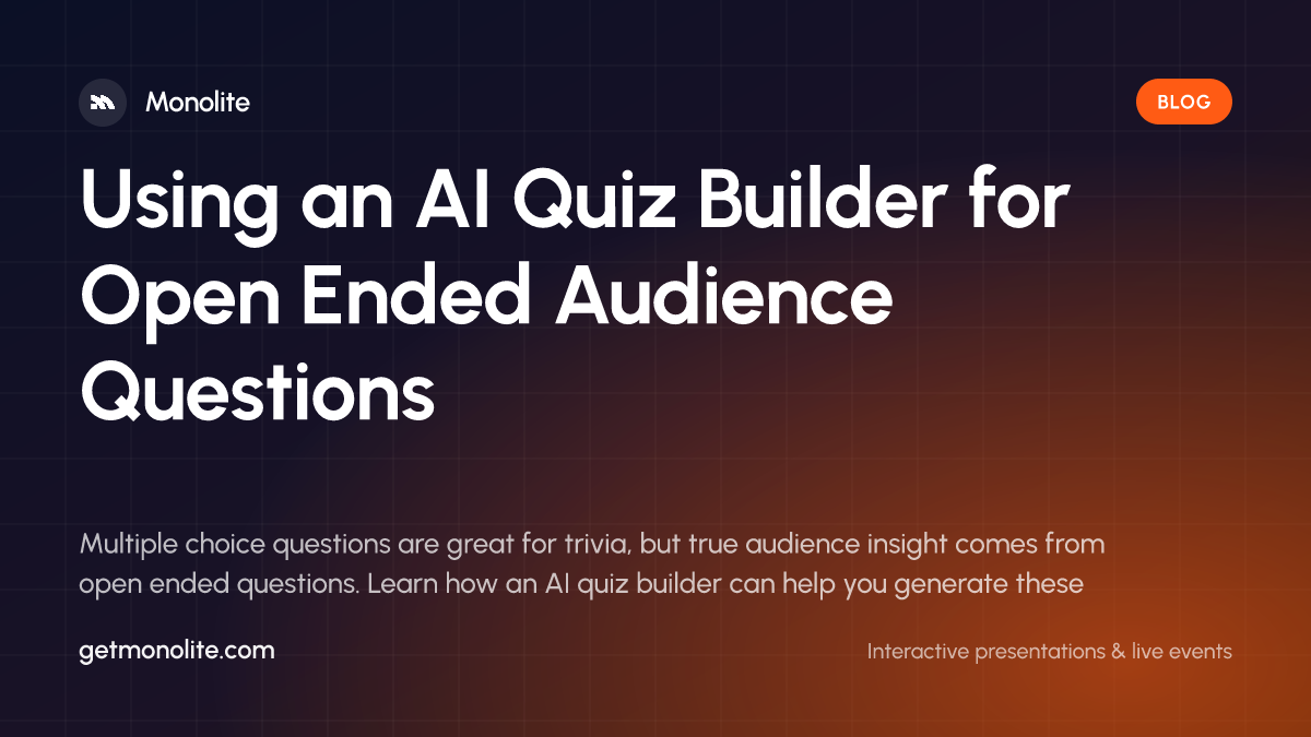 A presenter looking at a large screen showing open ended audience responses generated by an AI quiz builder