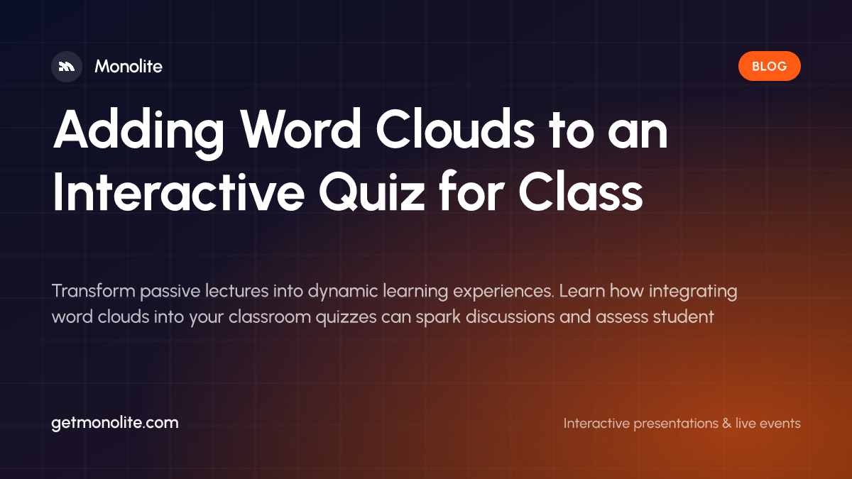 A teacher presenting an interactive quiz and a colorful word cloud on a digital board to engaged students