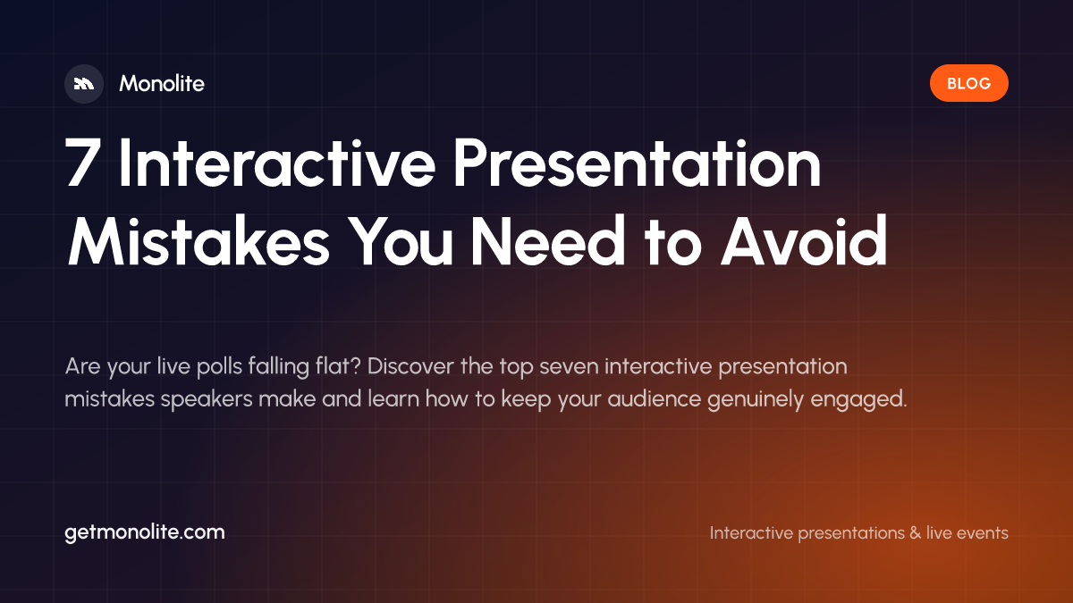 A speaker gesturing toward a large screen displaying an interactive presentation poll to an engaged audience.