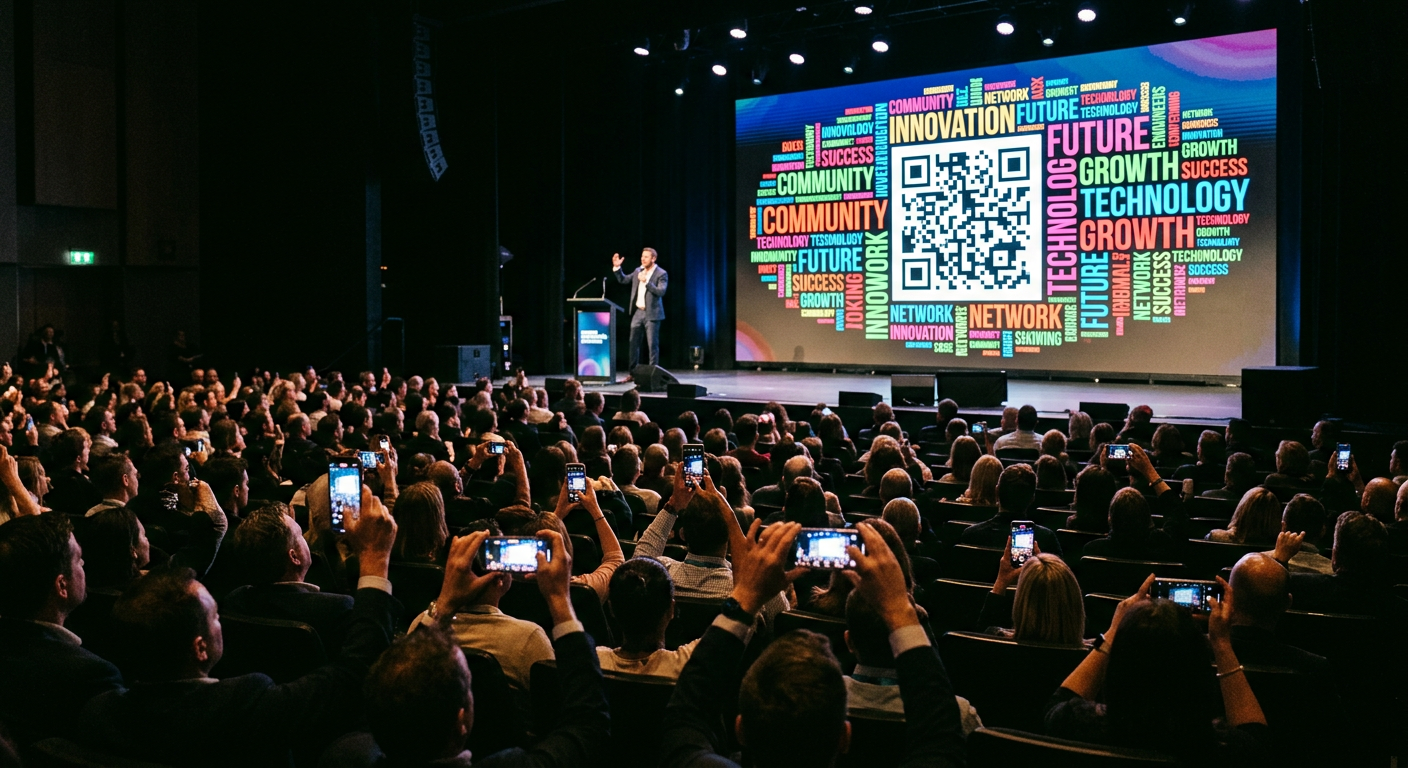 Audience members scanning a QR code on a large screen at a live event