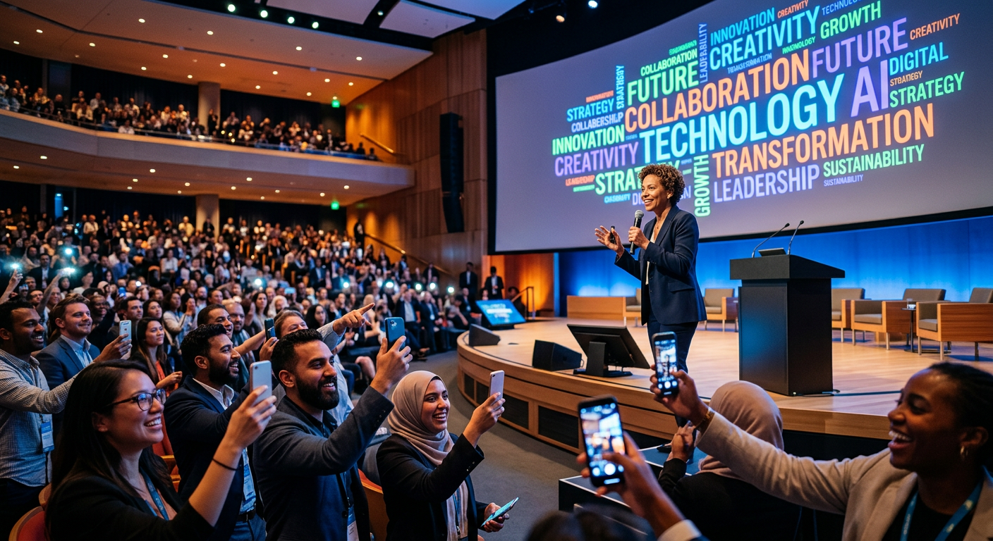 A speaker on stage with a large live word cloud screen behind them, while audience members interact using their smartphones.