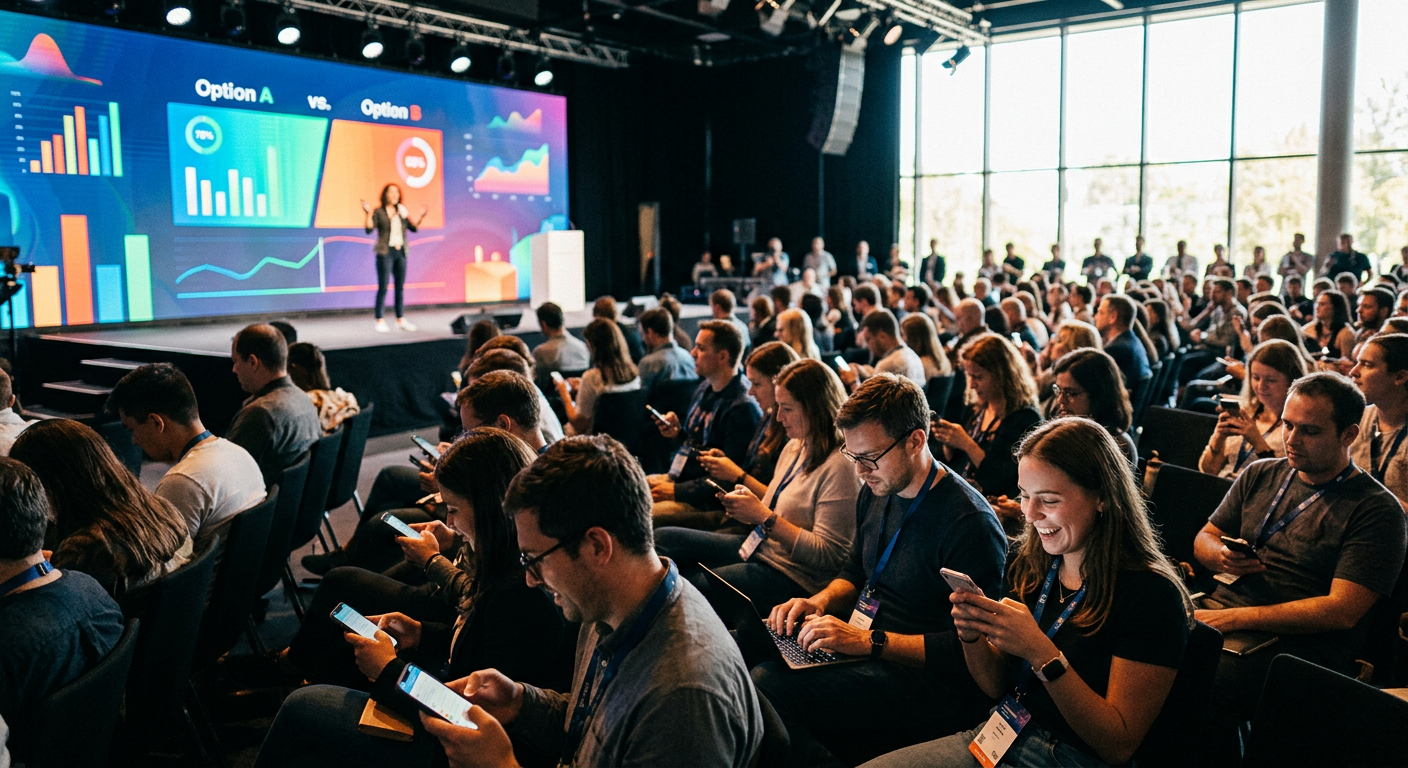 Conference audience interacting with a live poll on a large glowing screen