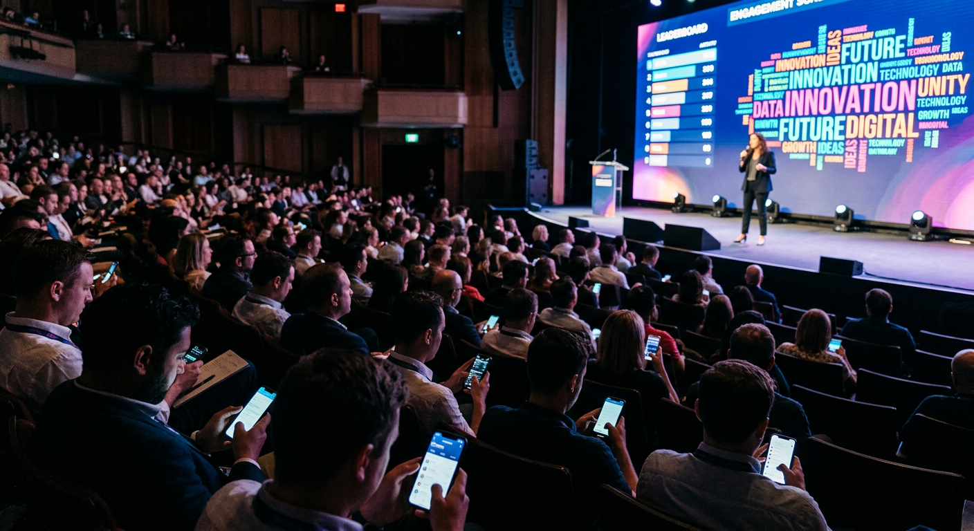A live conference audience participating in an interactive presentation with a large word cloud on the screen behind the speaker.