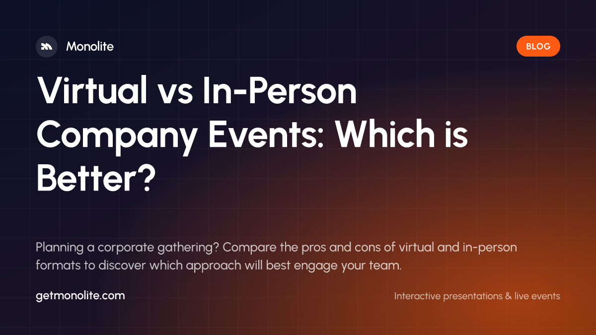 A split screen showing a lively in-person corporate gathering and a dynamic virtual meeting interface.